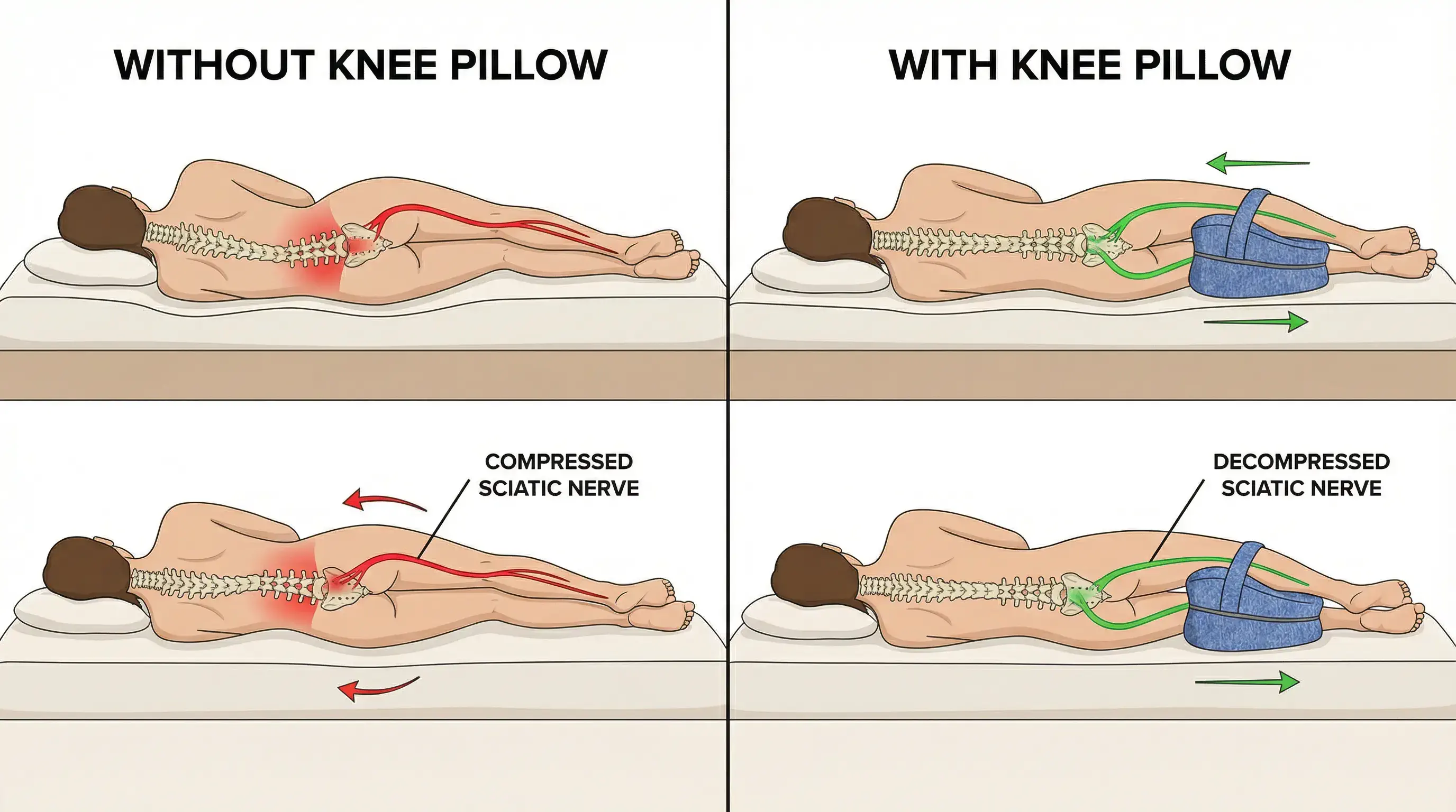 Side-sleeping alignment illustration with and without knee support